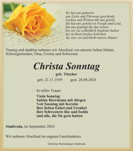 Traueranzeige von Christa Sonntag von Ostthüringer Zeitung