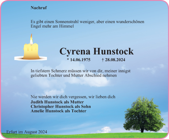 Traueranzeige von Cyrena Hunstock von Thüringer Allgemeine, Thüringische Landeszeitung