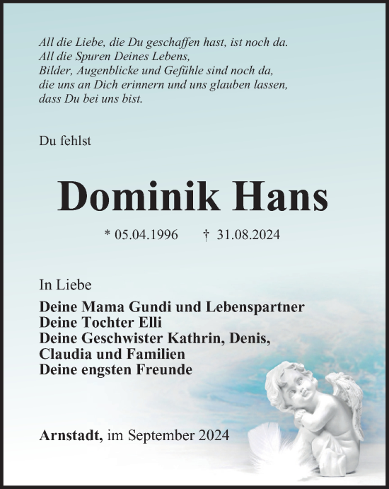 Traueranzeige von Dominik Hans von Thüringer Allgemeine