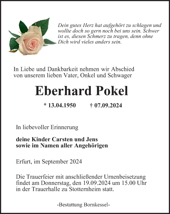 Traueranzeige von Eberhard Pokel von Thüringer Allgemeine, Thüringische Landeszeitung