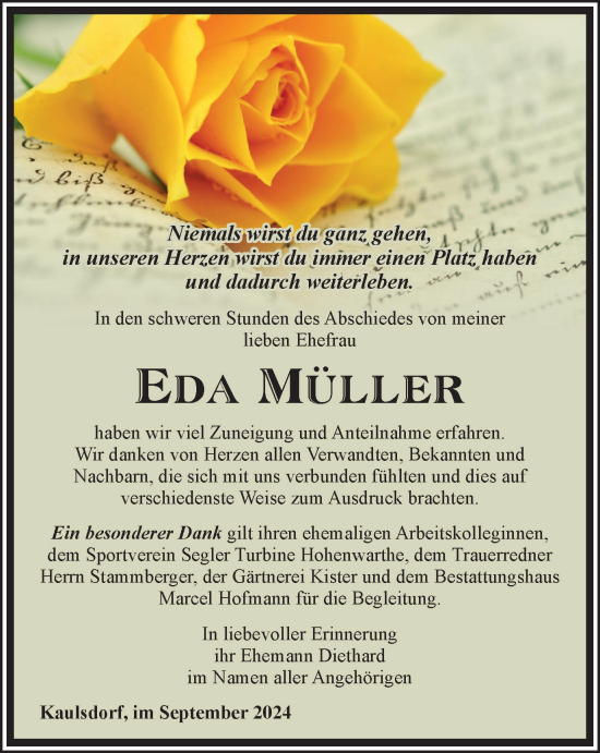 Traueranzeige von Eda Müller von Ostthüringer Zeitung