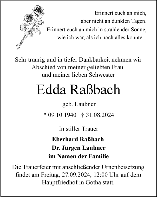 Traueranzeige von Edda Raßbach von Thüringer Allgemeine, Thüringische Landeszeitung