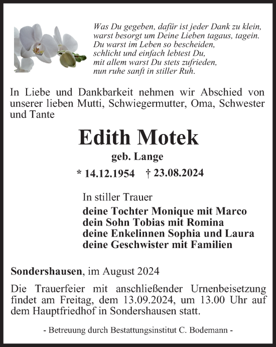 Traueranzeige von Edith Motek von Thüringer Allgemeine