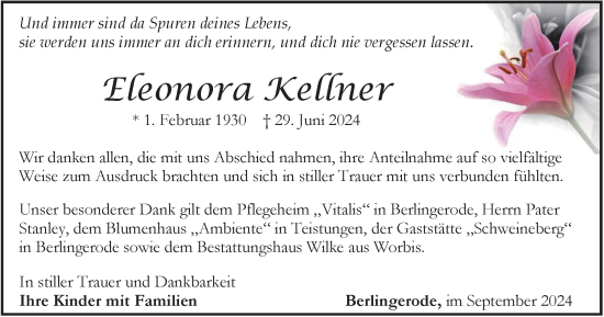 Traueranzeige von Eleonora Kellner von Thüringer Allgemeine