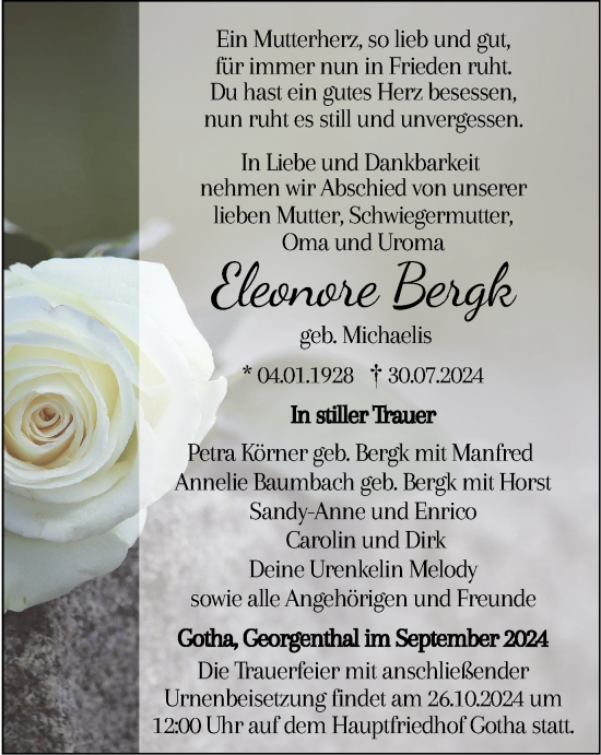 Traueranzeige von Eleonore Bergk von Thüringer Allgemeine, Thüringische Landeszeitung