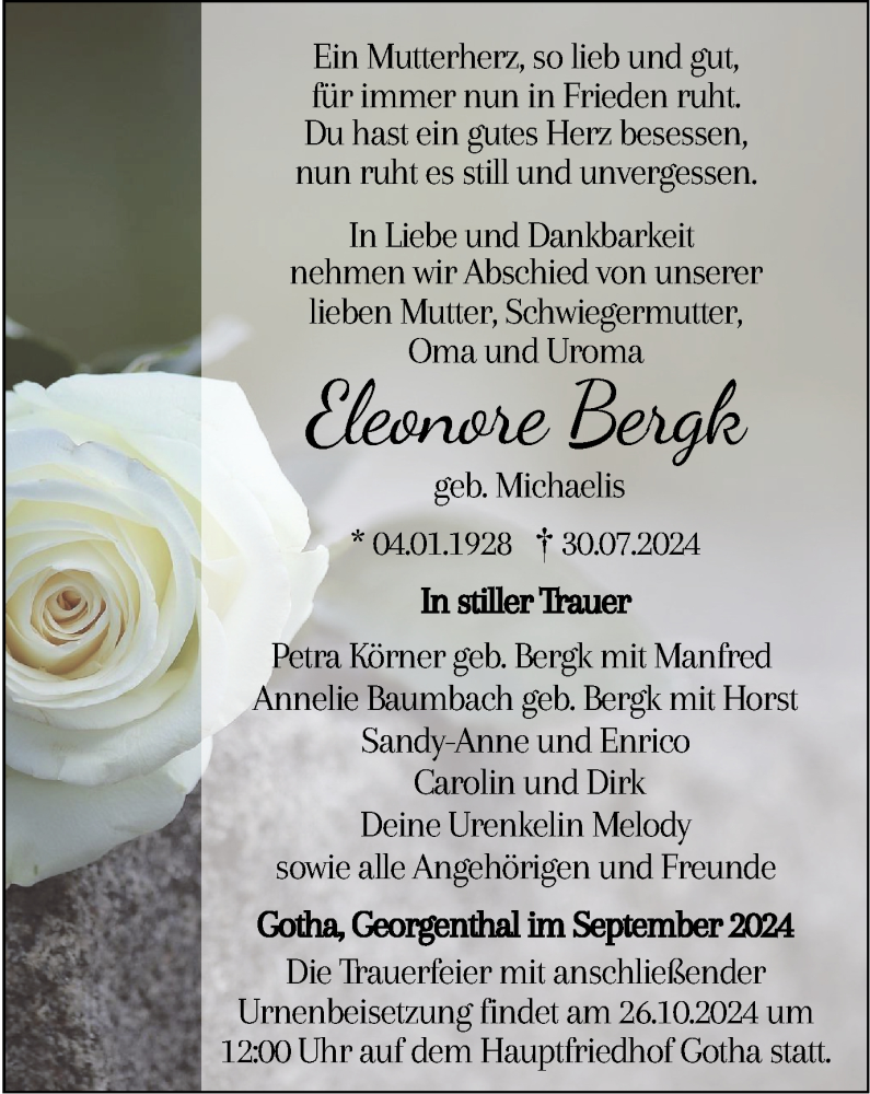  Traueranzeige für Eleonore Bergk vom 28.09.2024 aus Thüringer Allgemeine, Thüringische Landeszeitung