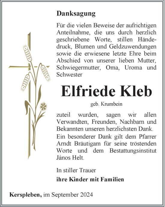 Traueranzeige von Elfriede Kleb von Thüringer Allgemeine, Thüringische Landeszeitung