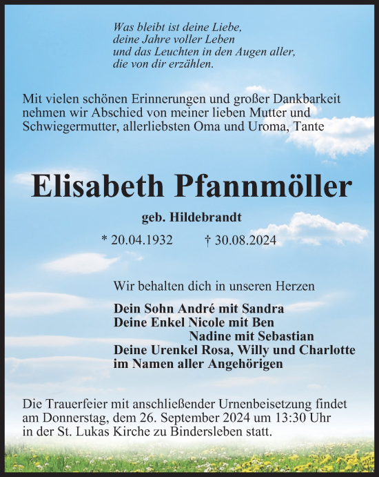 Traueranzeige von Elisabeth Pfannmöller von Thüringer Allgemeine, Thüringische Landeszeitung