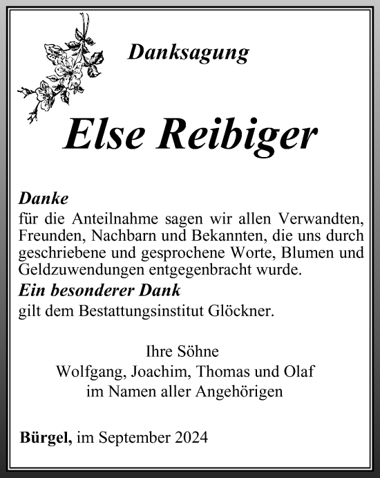 Traueranzeige von Else Reibiger von Ostthüringer Zeitung