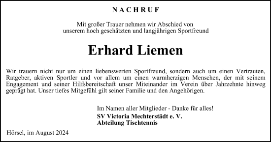 Traueranzeige von Erhard Liemen von Thüringer Allgemeine, Thüringische Landeszeitung