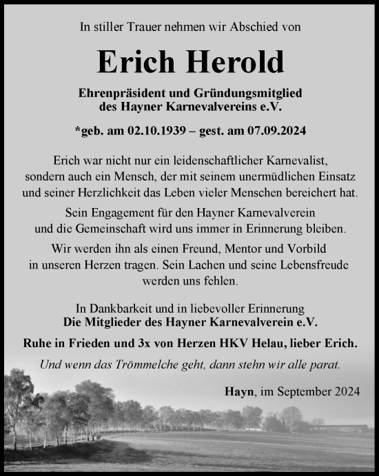 Traueranzeige von Erich Herold von Thüringer Allgemeine, Thüringische Landeszeitung