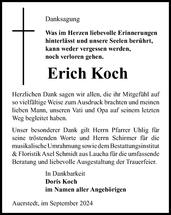 Traueranzeige von Erich Koch von Thüringer Allgemeine, Thüringische Landeszeitung