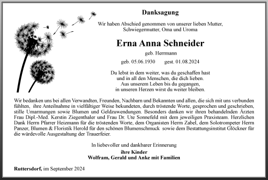 Traueranzeige von Erna Anna Schneider von Ostthüringer Zeitung