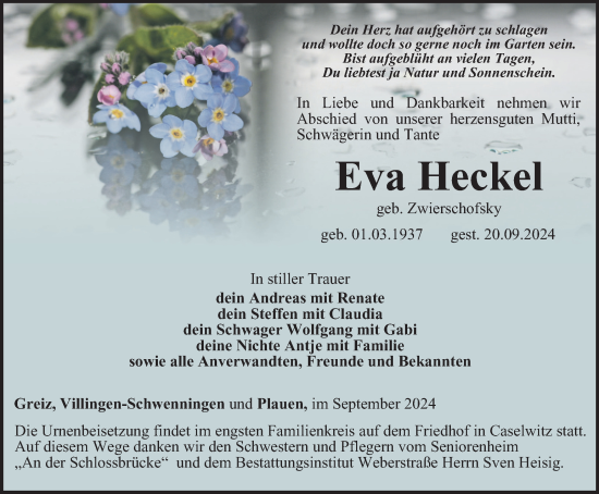 Traueranzeige von Eva Heckel von Ostthüringer Zeitung