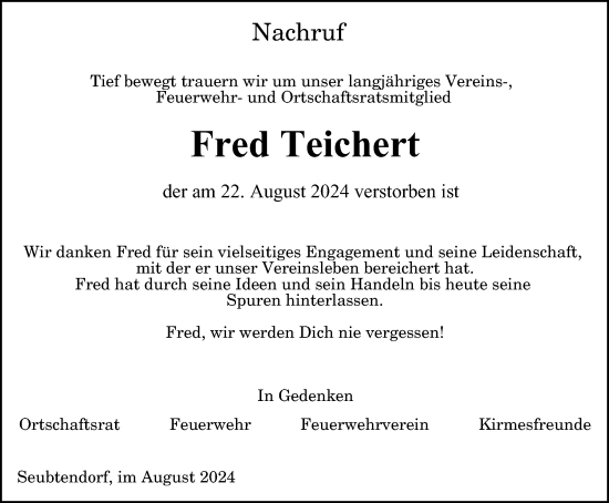 Traueranzeige von Fred Teichert von OTZ