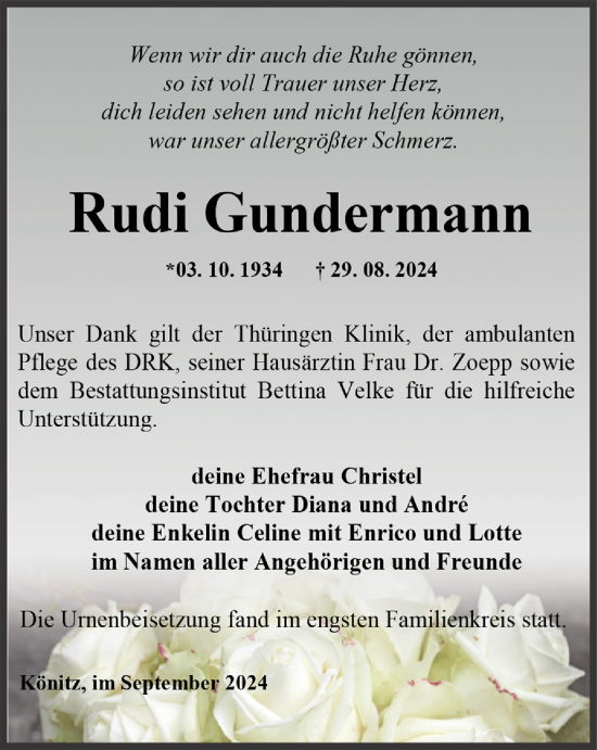 Traueranzeige von Rudi Gundermann von Ostthüringer Zeitung