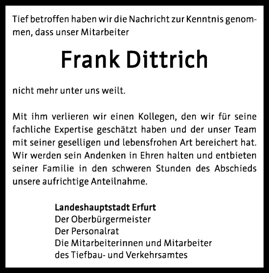 Traueranzeige von Frank Dittrich von Thüringer Allgemeine, Thüringische Landeszeitung