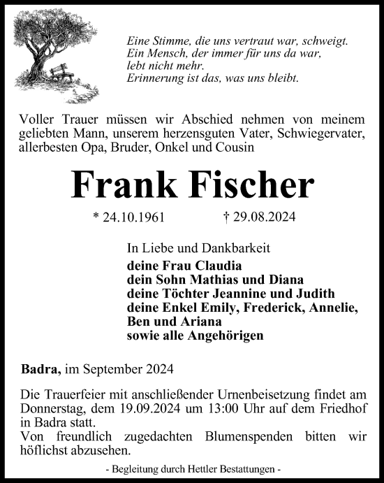 Traueranzeige von Frank Fischer von Thüringer Allgemeine