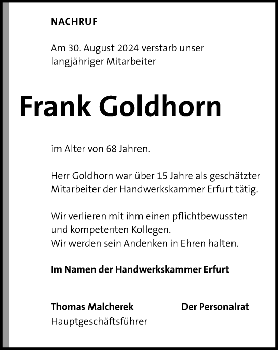 Traueranzeige von Frank Goldhorn von Thüringer Allgemeine