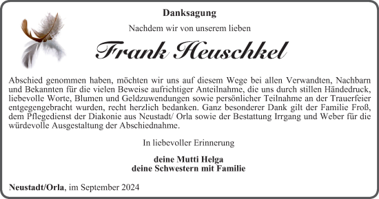 Traueranzeige von Frank Heuschkel von Ostthüringer Zeitung