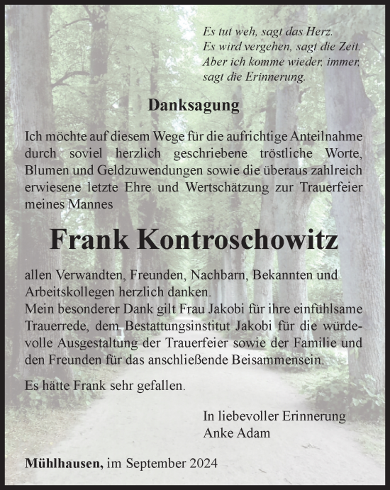 Traueranzeige von Frank Kontroschowitz von Thüringer Allgemeine, Thüringische Landeszeitung