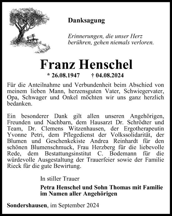 Traueranzeige von Franz Henschel von Thüringer Allgemeine