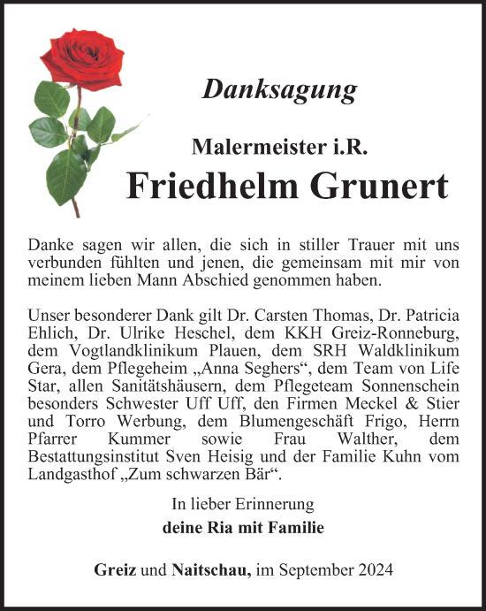 Traueranzeige von Friedhelm Grunert von Ostthüringer Zeitung