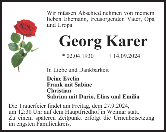 Traueranzeige von Georg Karer von Thüringer Allgemeine, Thüringische Landeszeitung