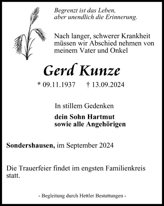 Traueranzeige von Gerd Kunze von Thüringer Allgemeine