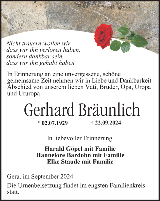 Traueranzeige von Gerhard Bräunlich von Ostthüringer Zeitung