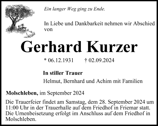 Traueranzeige von Gerhard Kurzer von Thüringer Allgemeine, Thüringische Landeszeitung