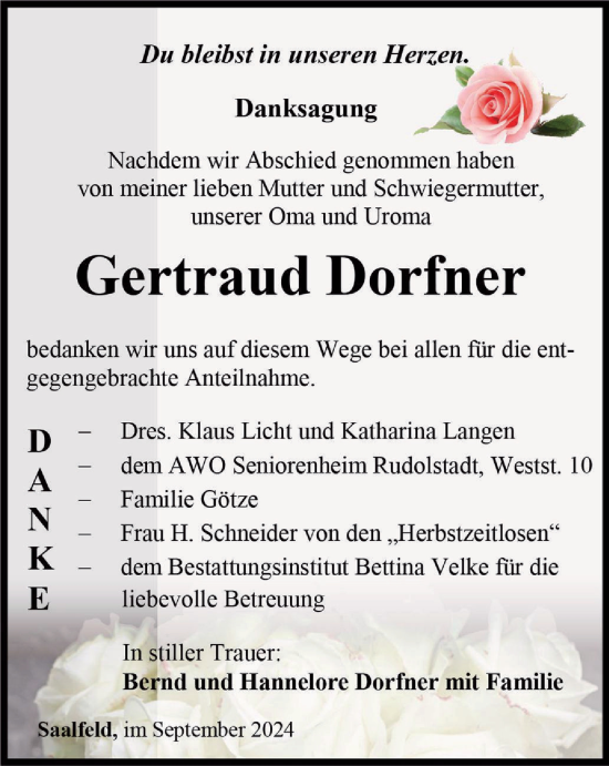 Traueranzeige von Gertraud Dörfner von Ostthüringer Zeitung