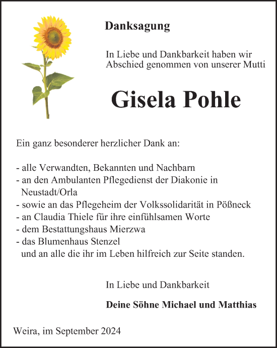Traueranzeige von Gisela Pohle von Ostthüringer Zeitung