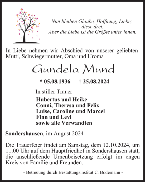 Traueranzeige von Gundela Mund