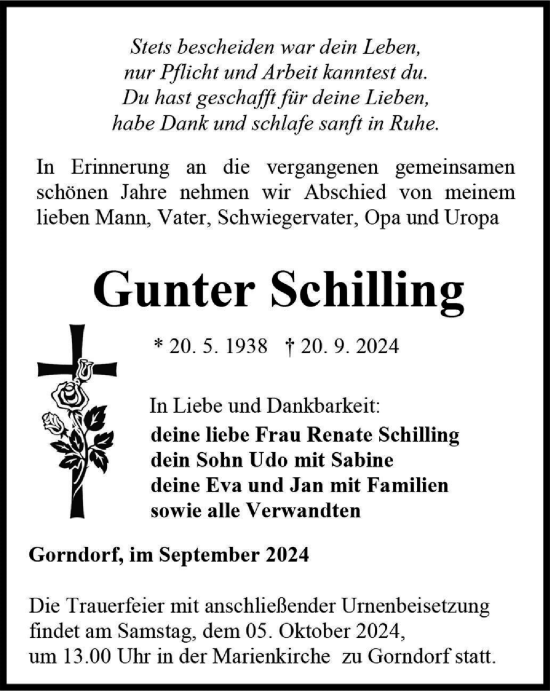 Traueranzeige von Gunter Schilling von Ostthüringer Zeitung