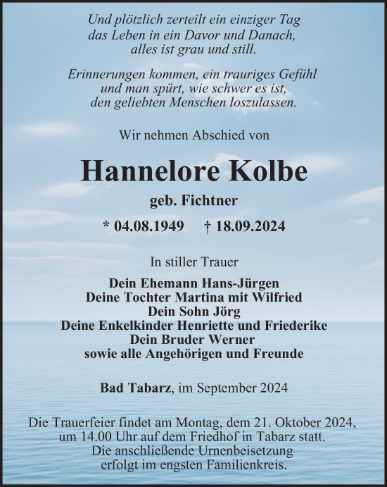 Traueranzeige von Hannelore Kolbe von Thüringer Allgemeine, Thüringische Landeszeitung