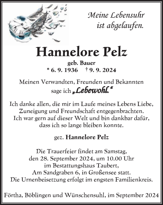 Traueranzeige von Hannelore Pelz von Thüringer Allgemeine, Thüringische Landeszeitung