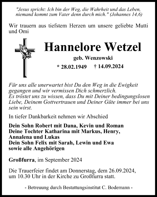 Traueranzeige von Hannelore Wetzel