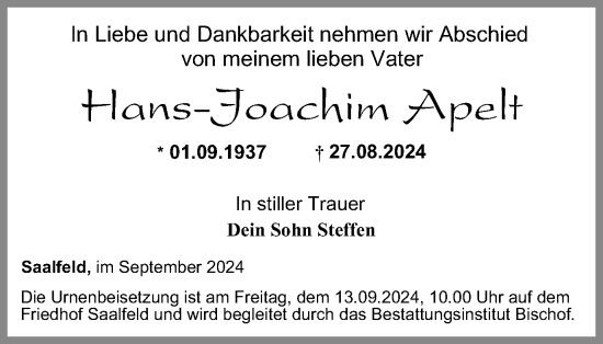 Traueranzeige von Hans-Joachim Apelt von Ostthüringer Zeitung