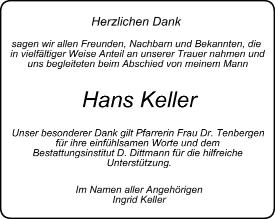 Traueranzeige von Hans Keller von Thüringer Allgemeine, Thüringische Landeszeitung