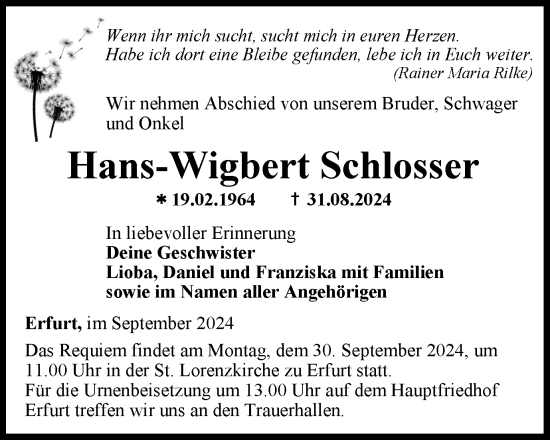 Traueranzeige von Hans-Wigbert Schlosser von Thüringer Allgemeine, Thüringische Landeszeitung