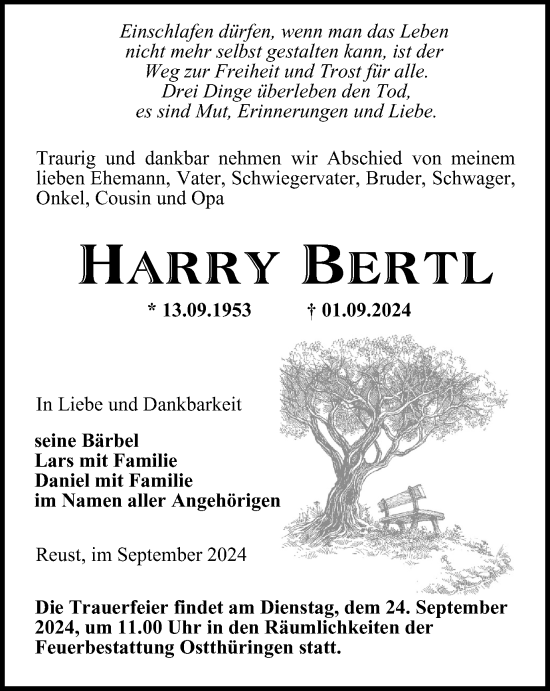 Traueranzeige von Harry Bertl von Ostthüringer Zeitung