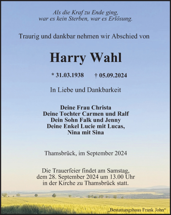 Traueranzeige von Harry Wahl von Thüringer Allgemeine, Thüringische Landeszeitung