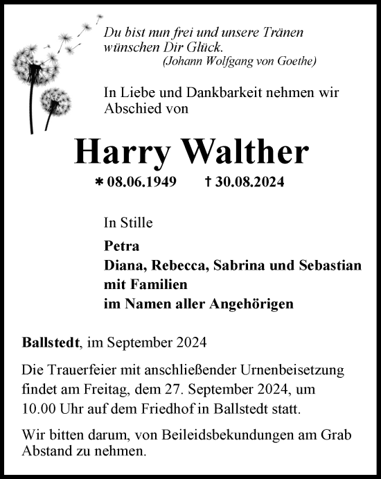 Traueranzeige von Harry Walther von Thüringer Allgemeine, Thüringische Landeszeitung