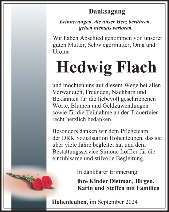 Traueranzeige von Hedwig Flach von Ostthüringer Zeitung