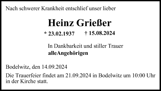 Traueranzeige von Heinz Grießer von Ostthüringer Zeitung