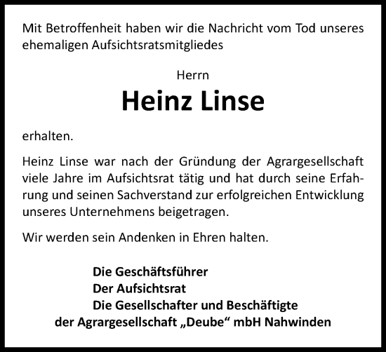 Traueranzeige von Heinz Linse von Thüringer Allgemeine
