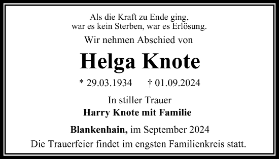 Traueranzeige von Helga Knote von Thüringer Allgemeine, Thüringische Landeszeitung