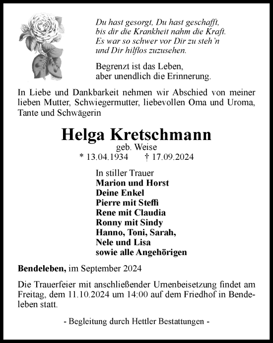 Traueranzeige von Helga Kretschmann von Thüringer Allgemeine