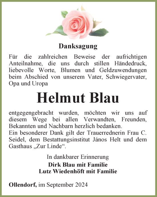 Traueranzeige von Helmut Blau von Thüringer Allgemeine, Thüringische Landeszeitung